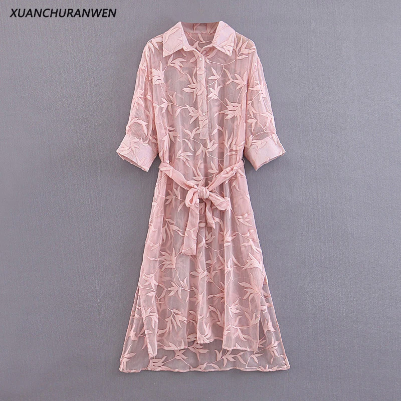 

Women Mesh Embroidered Floral Dress Long Sleeve Pink See Through Turn Down Collar A-line With Belt Mid Calf Dress XB9327