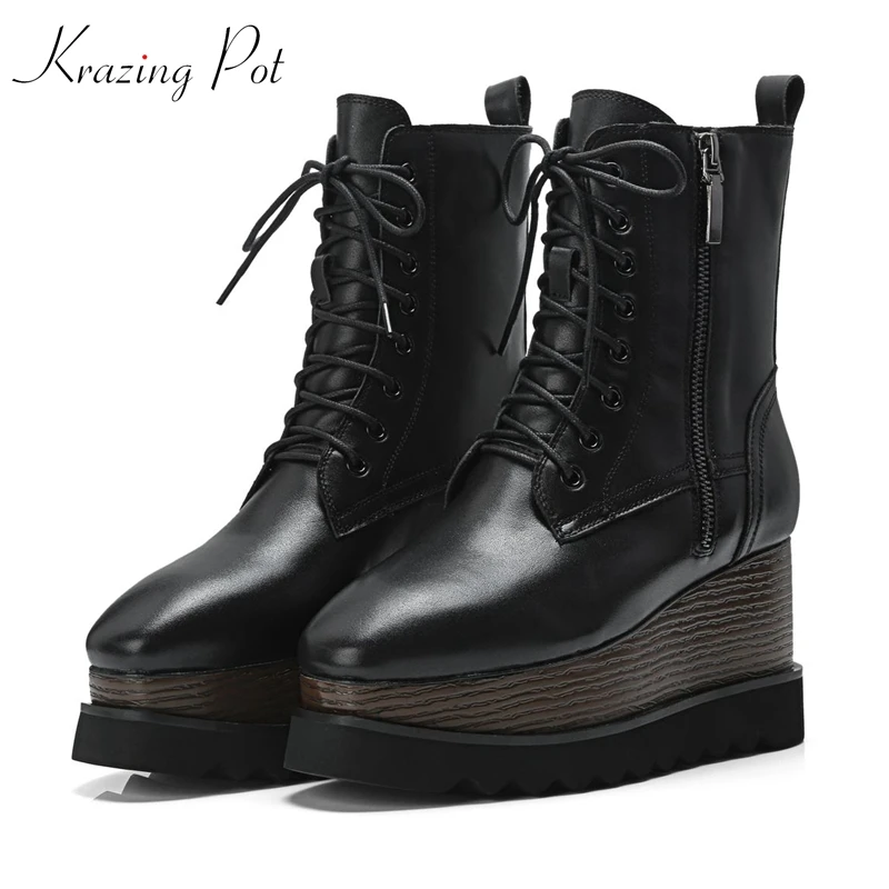 

Krazing Pot 2018 genuine leather solid color platform boots thick bottom square toe European designer lace up ankle boots L35