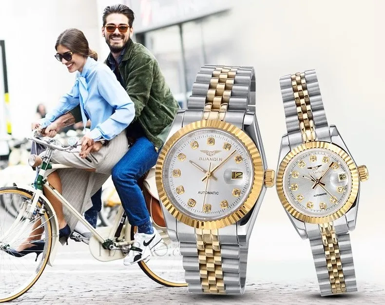 GUANQIN Lovers'Watches Luxury Couples Watch Man Women Pair Clocks Rhinestones Gold Date Mechanical Watch Sapphire Waterproof NEW (2)