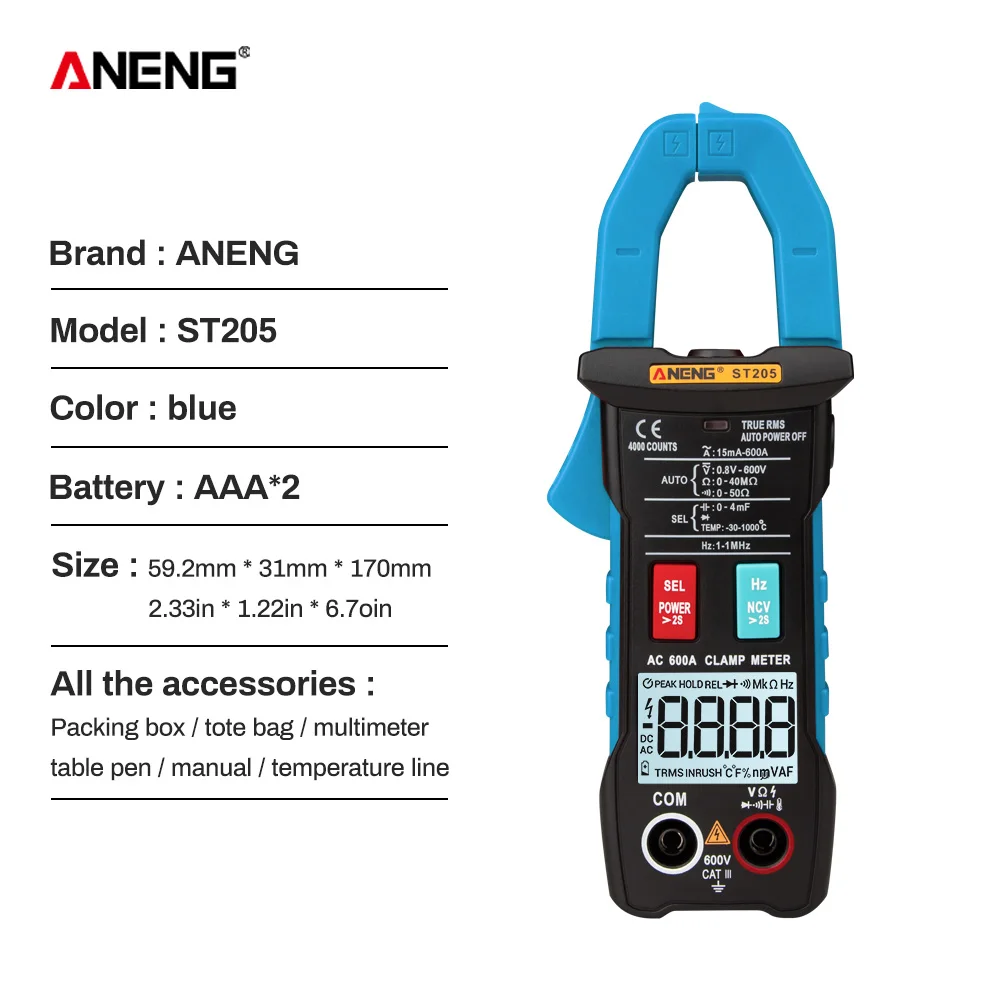 Синий ST205 Mini Digital Clamp Meter True RMS Voltage Resistance Capacitance Multimeter Temperature Auto Range Electrical Meter Tester - Цвет: Синий