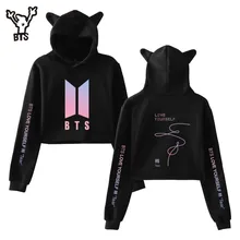 BTS Kawaii Print 2018 Album Love Yourself Tear Sexy Cat Crop Top Women Clothes Hoodies Tops Harajuku Kpop Plus Size A7102-A7104