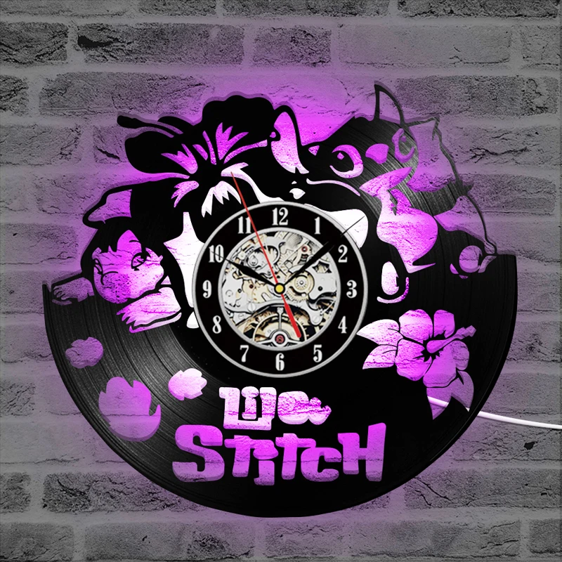 Lilo& Stitch СВЕТОДИОДНЫЙ декоративные настенные часы дети спальня милый мультяшный винил запись настенные часы Светящиеся Настенные домашние декоративные часы