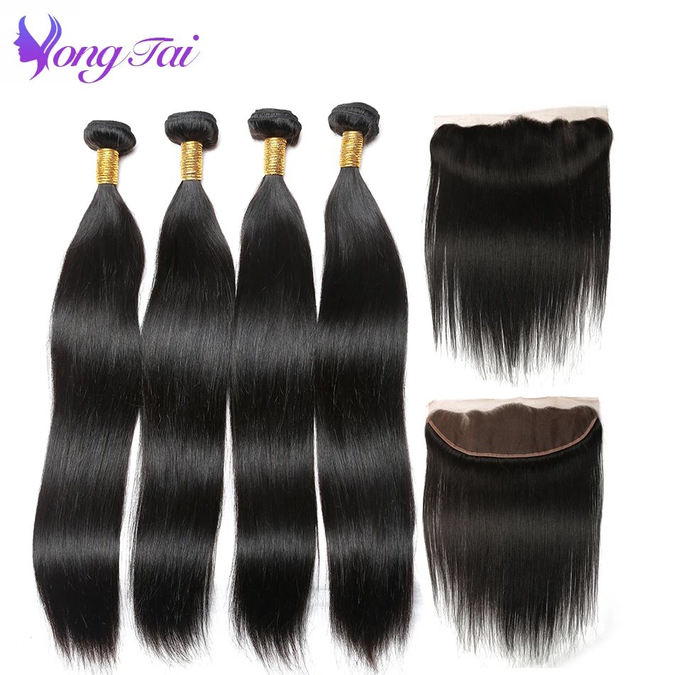 Yuyongtai волос уха до уха синтетический Frontal шнурка волос с Связки прямые индийские человеческие волосы с фронтальной бесплатная часть 4 пучки