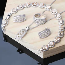 Набор ювелирных изделий цвета шампанского из Кубического циркония для женщин, Серебряная корона 925, ювелирные изделия, серьги, кольцо, ожерелье, браслет, 3 варианта для U