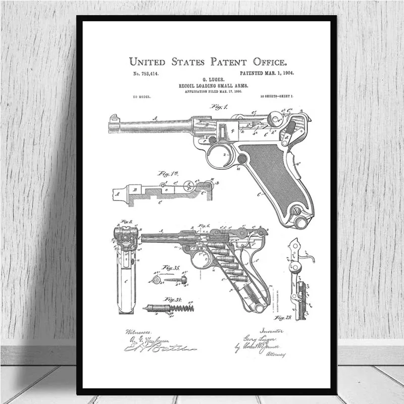 Постер и печать патентный пистолет Luger схема для пистолета современная живопись