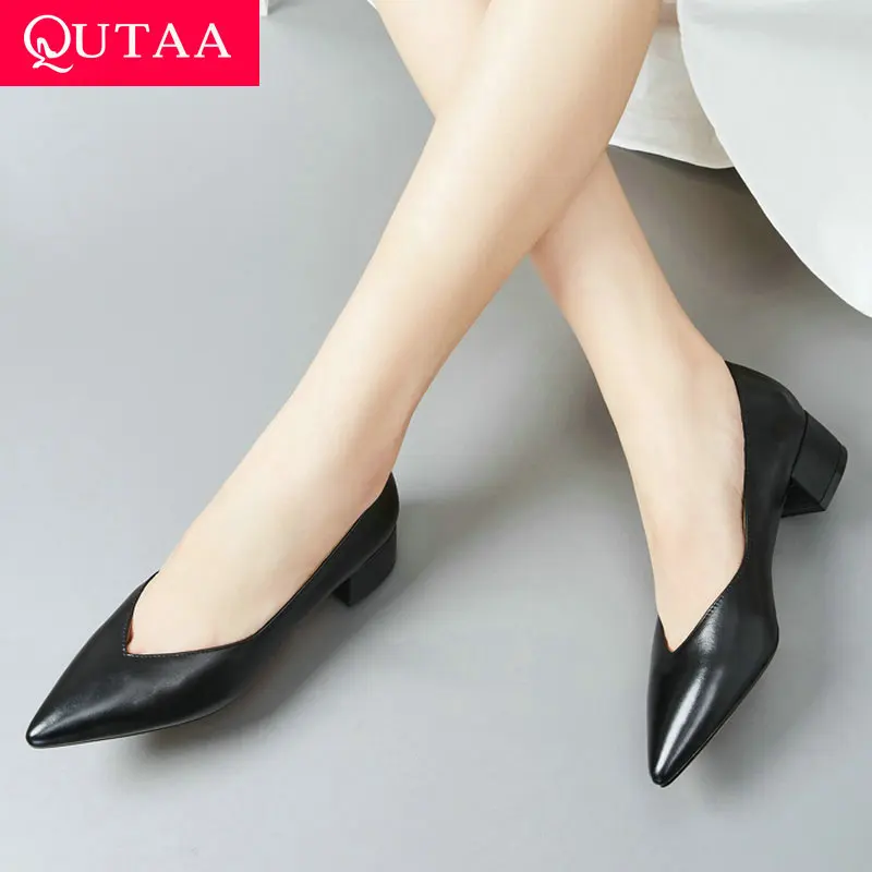 

QUTAA 2020 Women Pumps Cow Leather+pu Square High Heel Pointed Toe All Match Ol Style Women Shoes Casual Ladies Pumps Size 34-41