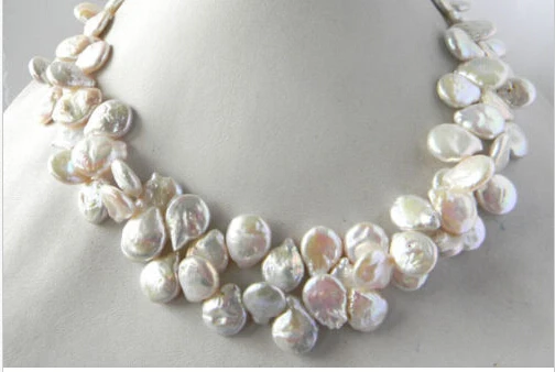 Beautiful 18" 2row 12mm White Coin Baroque Freshwater Pearl Necklace