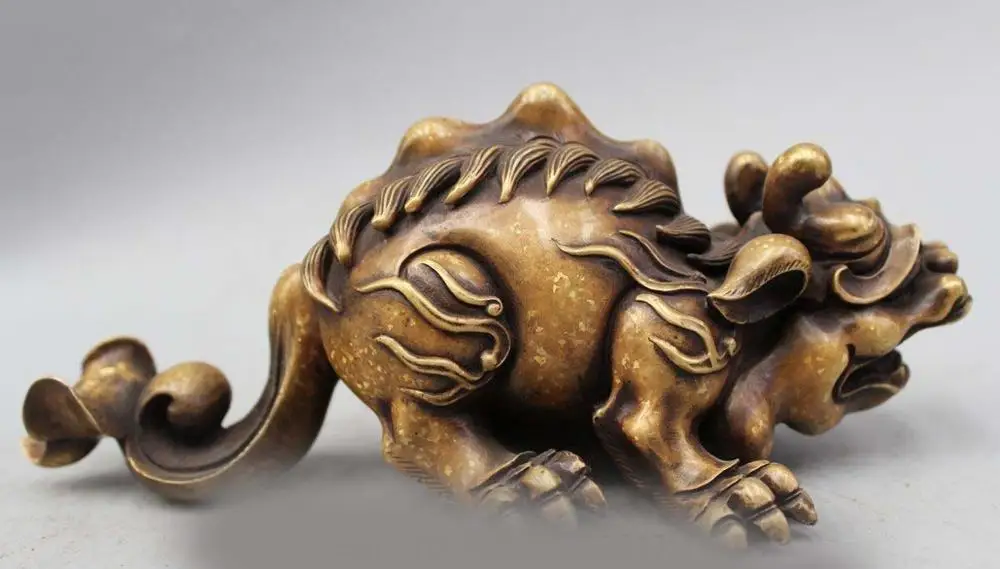 

4"Chinese Feng Shui Pure Bronze Foo Dogs Unicorn Beast Pi Xiu Exorcise Statue