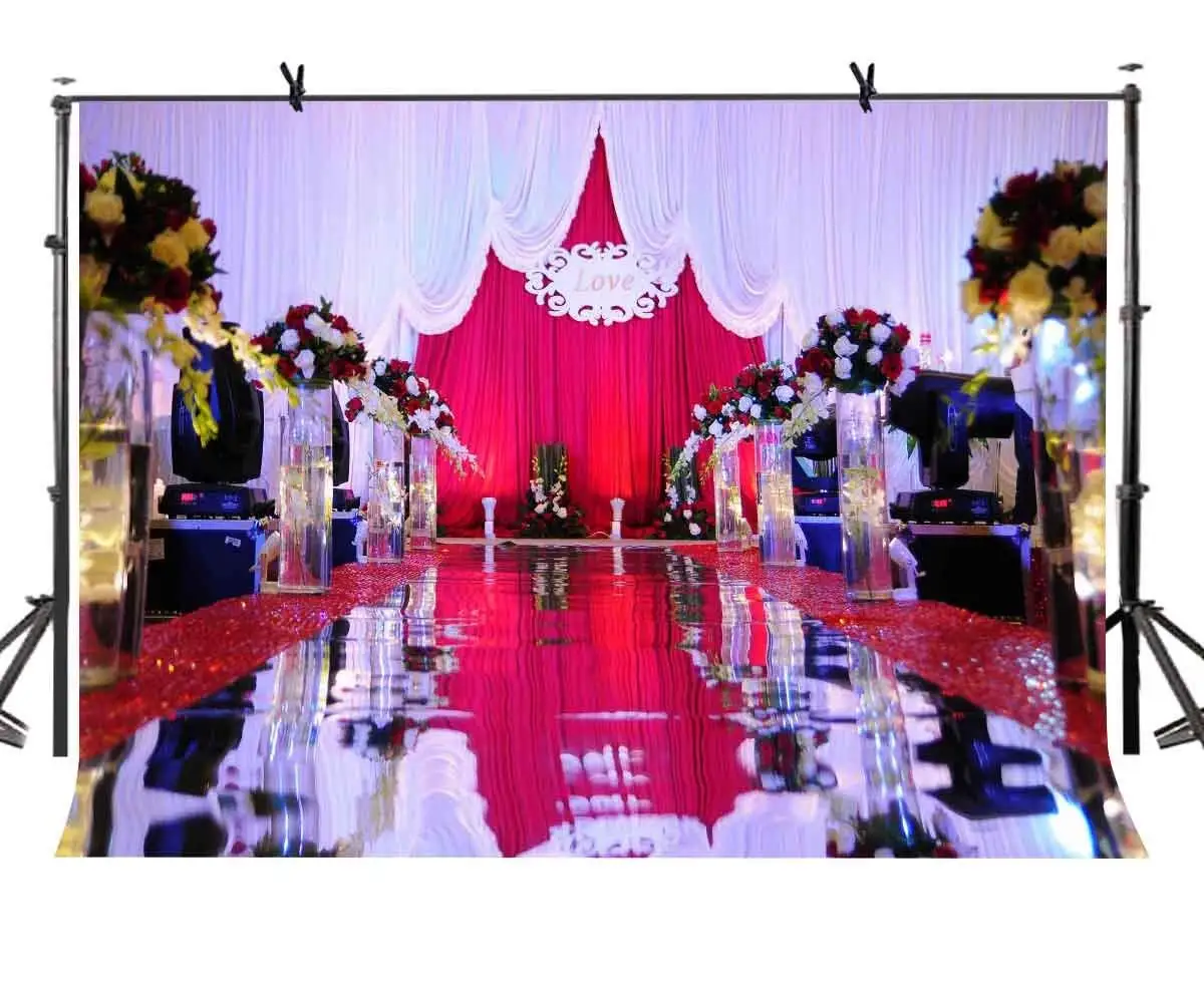 

150x220cm Wedding Backdrop Red Curtain and Beautiful Flowers Wedding Photography Background for Camera Photo Props