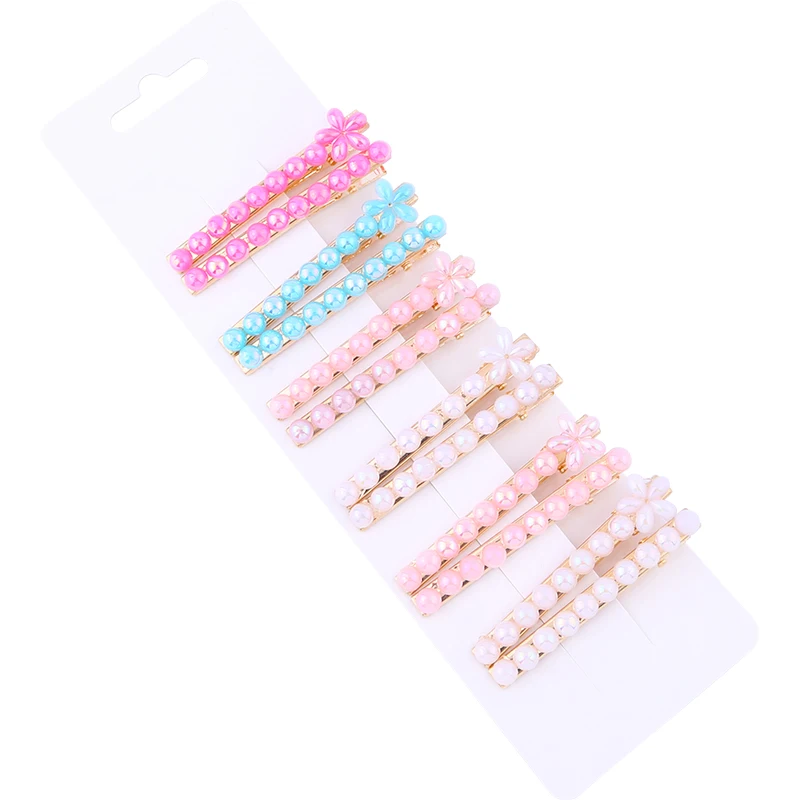 2pcs/set Pearl Flower Hair Clips Alligator Duckbill Long Hairpins Barrettes Candy Rainbow Color Hair Accessories for Women Girls