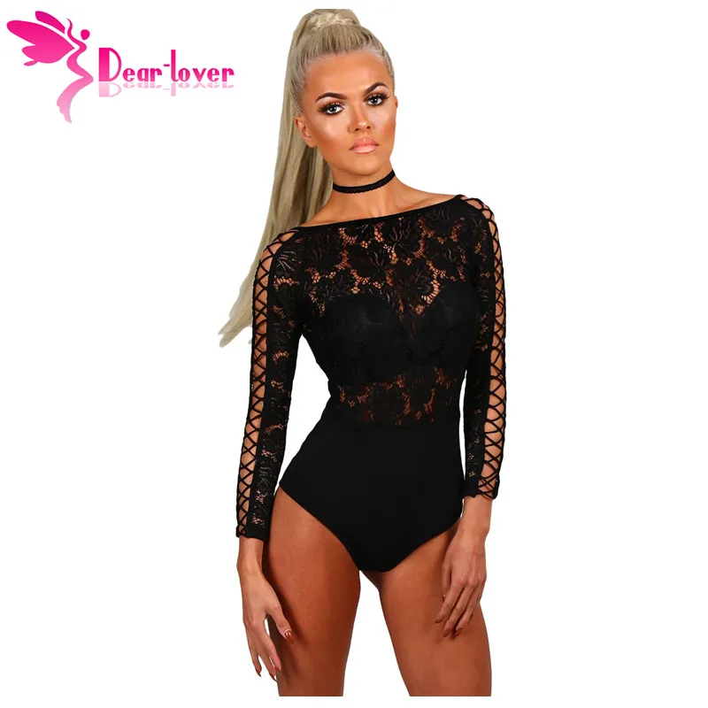 Dear Lover Bodysuit Women Elegant Romper Autumn Black Lace Lattice Long Sleeve Bodycon Playsuit Body Femme Club Jumpsuit LC32092