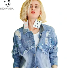 Новые Модные Элегантные Бисер рваные ковбойские Для женщин с длинным рукавом куртки-бомберы Повседневное Весенняя джинсовая Большие размеры свободные пальто C 197