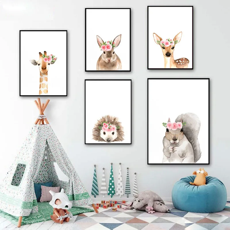 

Kawaii Baby Nursery Wall Art Canvas Painting Watercolor Cartoon Deer Hedgehog Posters and Prints Nordic Kids Bedroom Decor