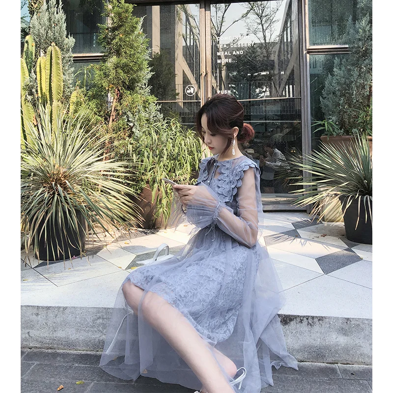 

Mishow 2019 Spring Summer Women Long-Sleeved Party Dress Vintage Elegant Midi Dress Retro Lolita Mesh Lace Dress MX19A1445