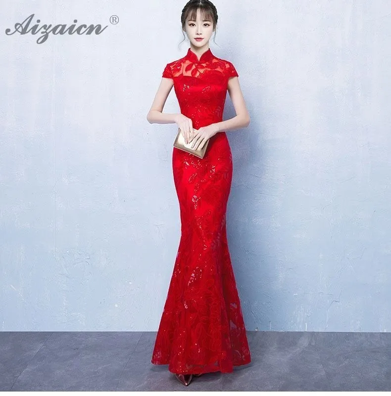 De color rojo sirena novia largo Cheongsam las mujeres chino tradicional boda Vestido Qipao Восточный de moda vestido de fiesta