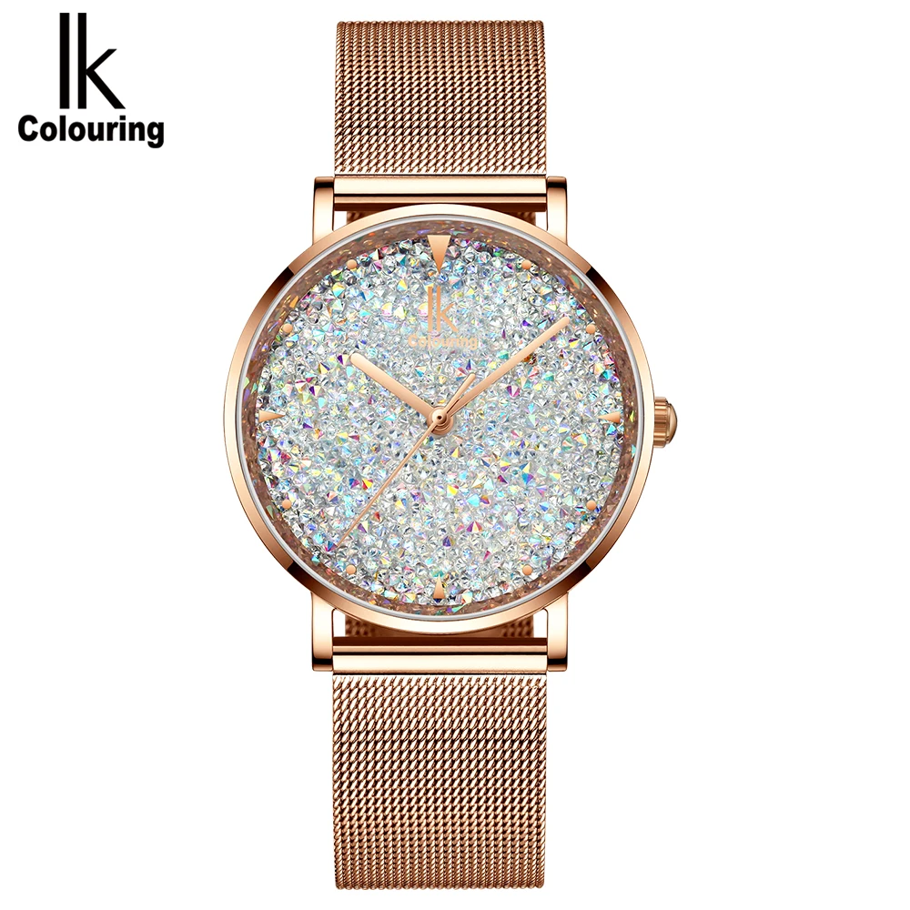 

IK Women Quartz Watch Rhinestone Starry Sky Dial Fashion Wrist Ladies Bracelets Watches Stainless Steel Mesh Band