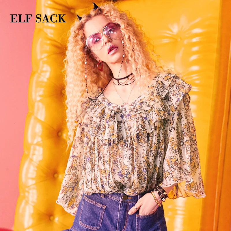 Женская прозрачная блузка ELFSACK шифоновая с треугольным вырезом свободный