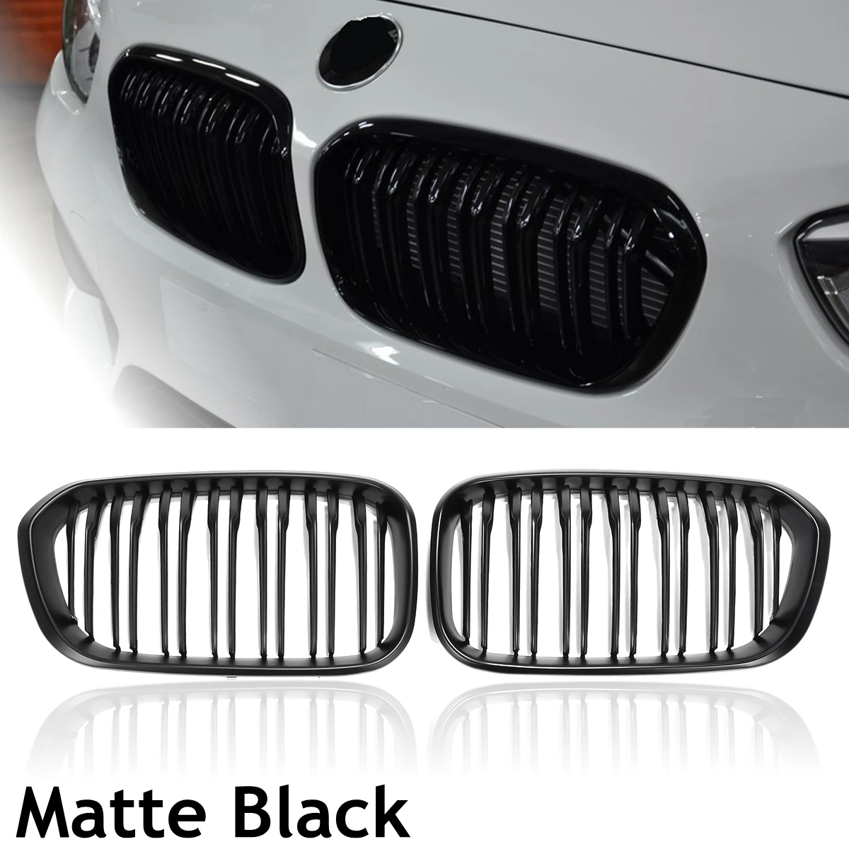 

For BMW F20 F21 1 Series 2015 2016 Pair Matt Black Double Slat Line Front Kidney Grill Grille Car Styling Racing Grill