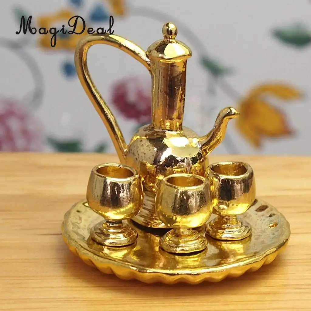 6Pcs 1:12 Dollhouse Miniature Silver Metal Tea Coffee Milk Set with Tray for Dolls Living Room Table Tableware Furniture Decor