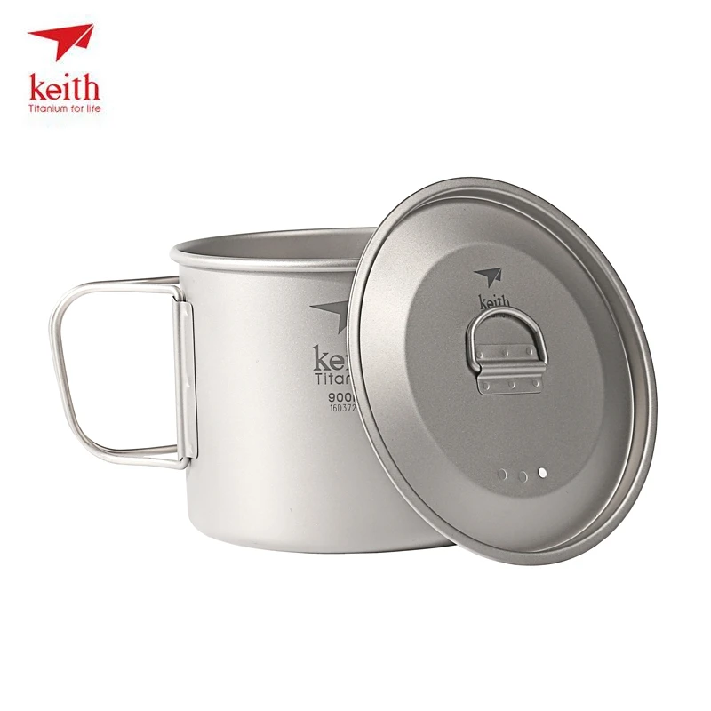 Keith 900 ml taza de titanio taza de agua portátil al aire libre Camping senderismo viajes vajilla titanio con tapa plegable mango Ti3209
