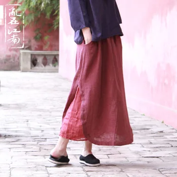 

Original design autumn retro all-match arc hem cotton linen straight skirt with pocket