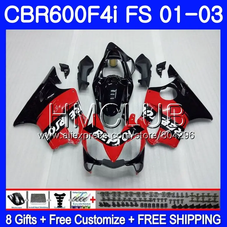 Body For HONDA CBR600F4i CBR600FS CBR600 F4i 01 02 03 61HM20 CBR 600 FS 600F4i 2001 2002 2003 Repsol red blk Fairing | Автомобили и