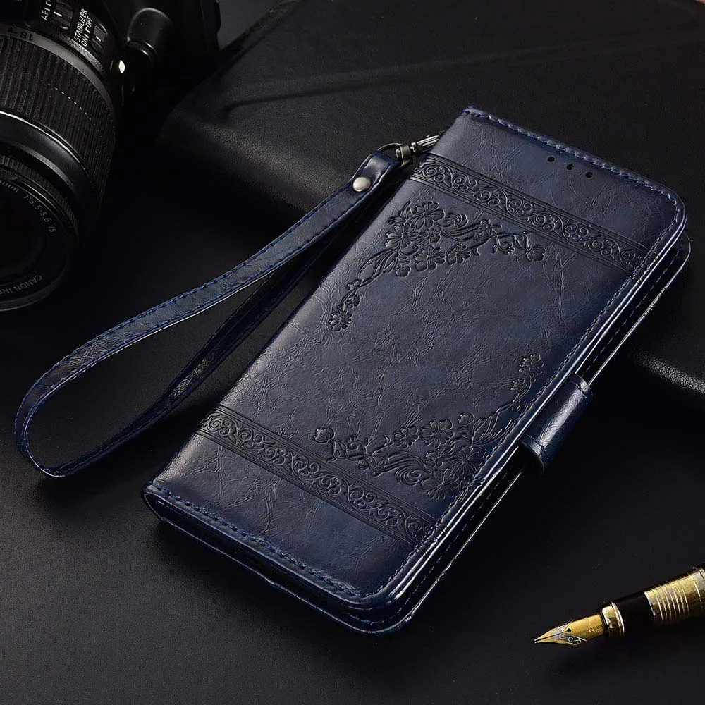 Кожаный чехол-книжка для Blackview A60 Pro Fundas с цветочным принтом специальный чехол-бумажник с подставкой и ремешком - Цвет: oil dark blue