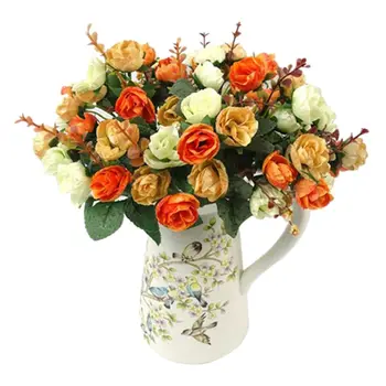 

21 Heads Artificial Silk Cloth Rose Flowers Fake Leaf Wedding Bouquet Home Decoration Orange