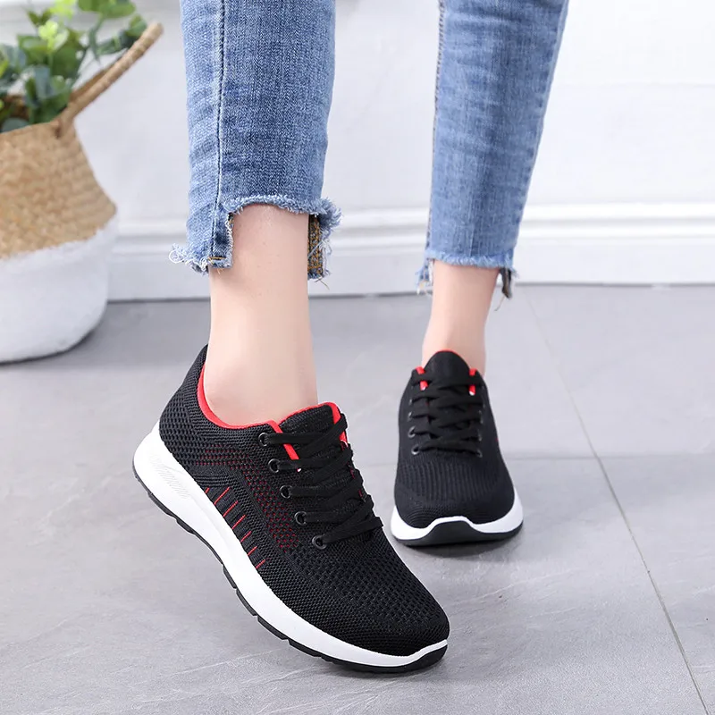 

Knitted Elastic Mesh flat Breathable sneakers women 2019Spring Autumn Fashion Gingham Lace-Up female shoes Concise Running shoes