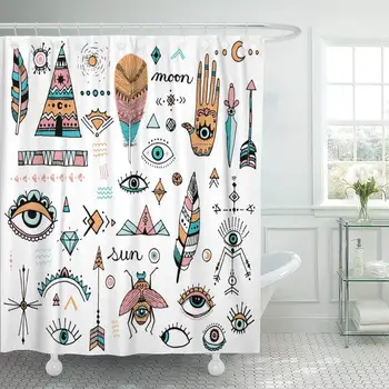 

Fabric Shower Curtain with Hooks Orange Arrow Boho Style Doodle Clip Evil Eye Hamsa Hand of Fatima Bohemian Design Pink