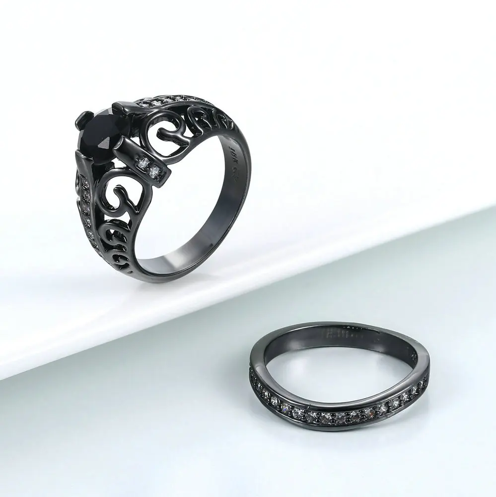 Double Fair Punk Style Couple Rings For Men / Women Black Gold Color Ring Set Black Nano Stone Women's Jewelry DFYG054