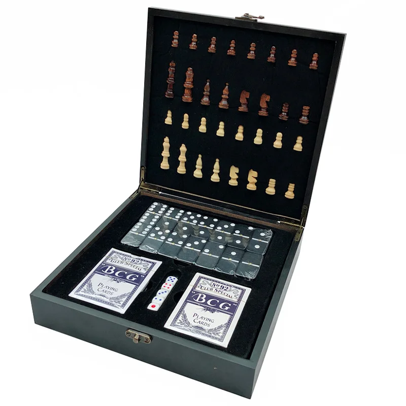 4 In 1 Wooden International Chess + Poker + DIce + Domino Family Party Entertainment Table Board Games
