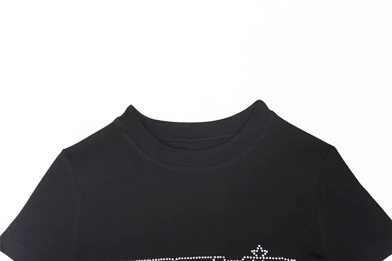 Evenworse женская летняя короткая черная футболка с круглым вырезом с блестящим принтом космик с короткими рукавами модная тонкая уличная сексуальная майка Клубный Топ