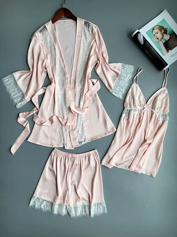 Queenral 3 шт. для женщин халат+ пижамы наборы для ухода за кожей сна Lounge атласные пижамы Весенняя Пижама домашний костюм пижамапижама женскаяпижамыпижамы женскиеженская пижаманочнушка домашняя одеждашелковая пижа - Цвет: pink
