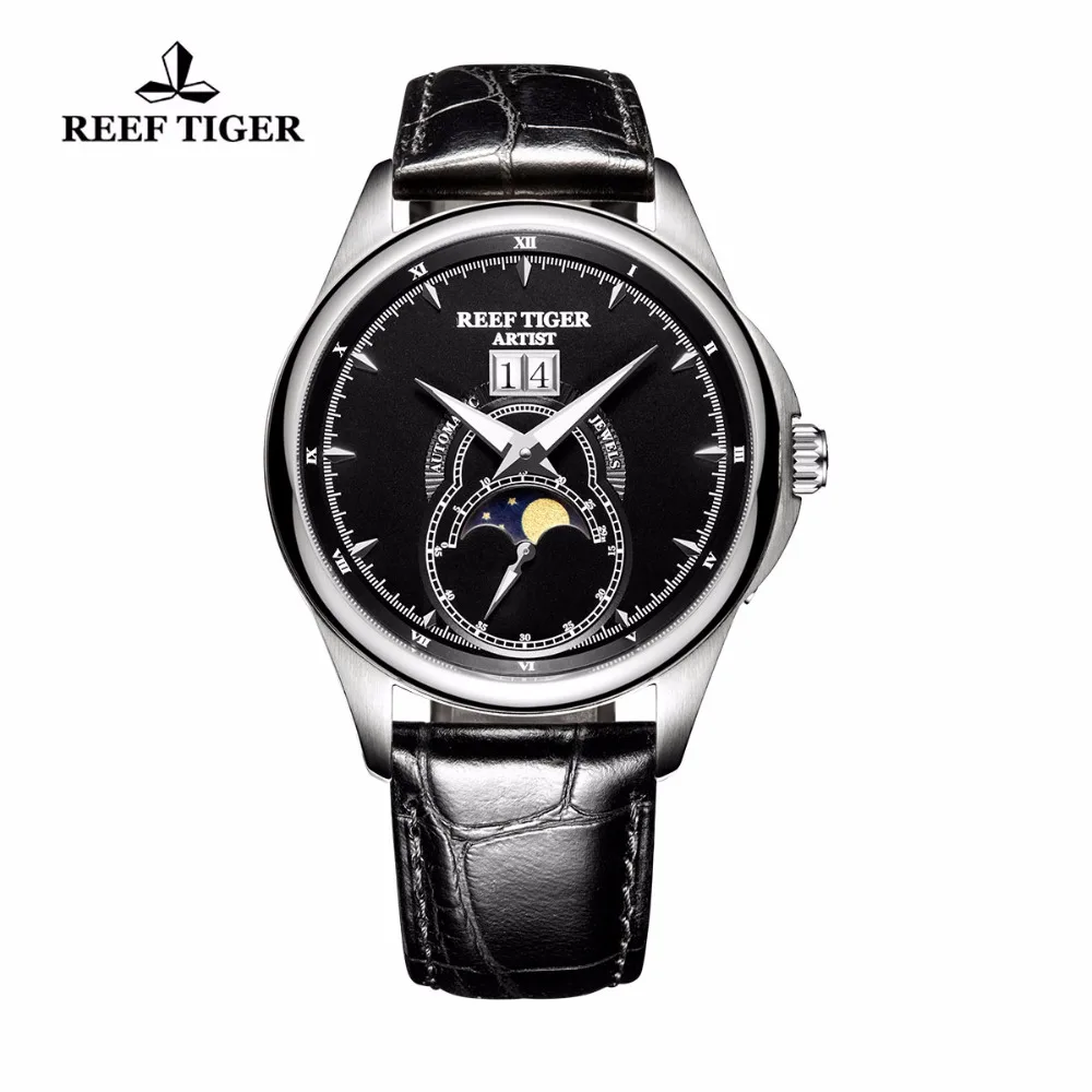 

Reef Tiger/RT Fashion and Generous Watches for Men Double Window Date Leather Strap Watch Mechanical Moon Phase Watches RGA1928