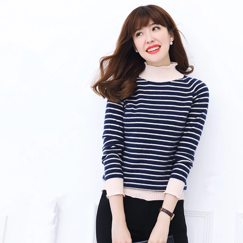 

Winter Women Sweater Striped Cashmere Sweaters Women Fashion Soft and Comfortable Half Turtleneck Sweater Female Knit Pullovers