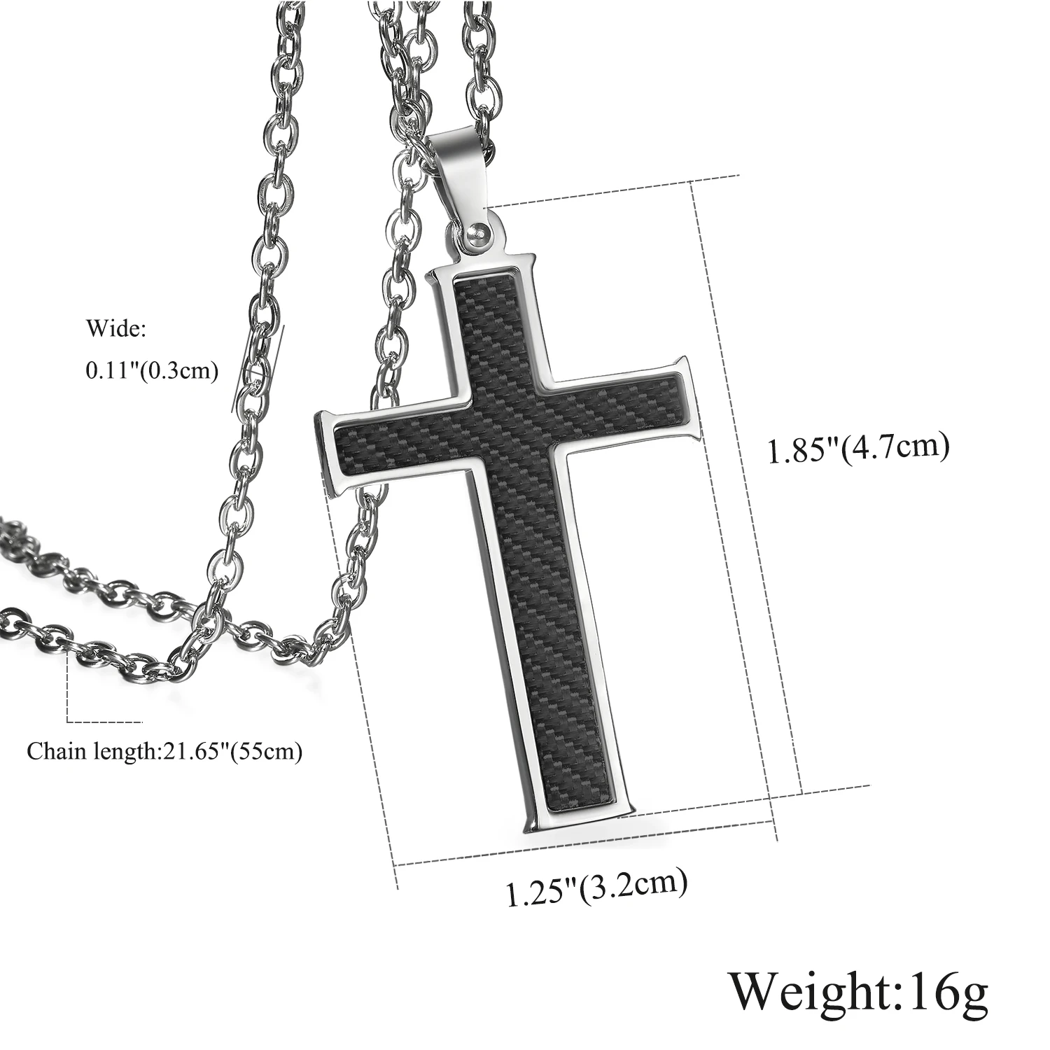 BONISKISS Carbon Fiber Stainless Steel Men's Cross Necklace 21.5 Inch