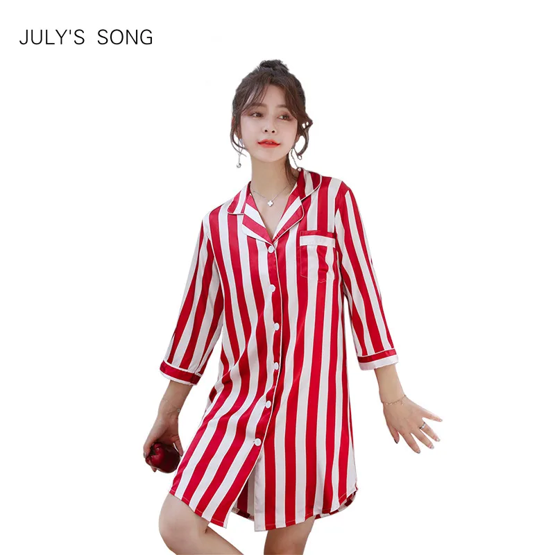 

JULY'S SONG Ladies Striped Print Faux Silk Cardigan Nightdress Sexy Seven-point Sleeves Sleepwear Spring Summer Home Clothes