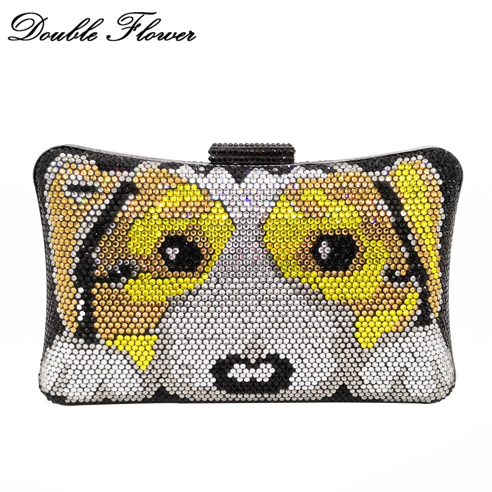 

Double Flower Puppy Dog 3D Pattern Women Crystal Clutch Evening Handbags and Purses Hard Case Metal Minaudiere Wedding Party Bag