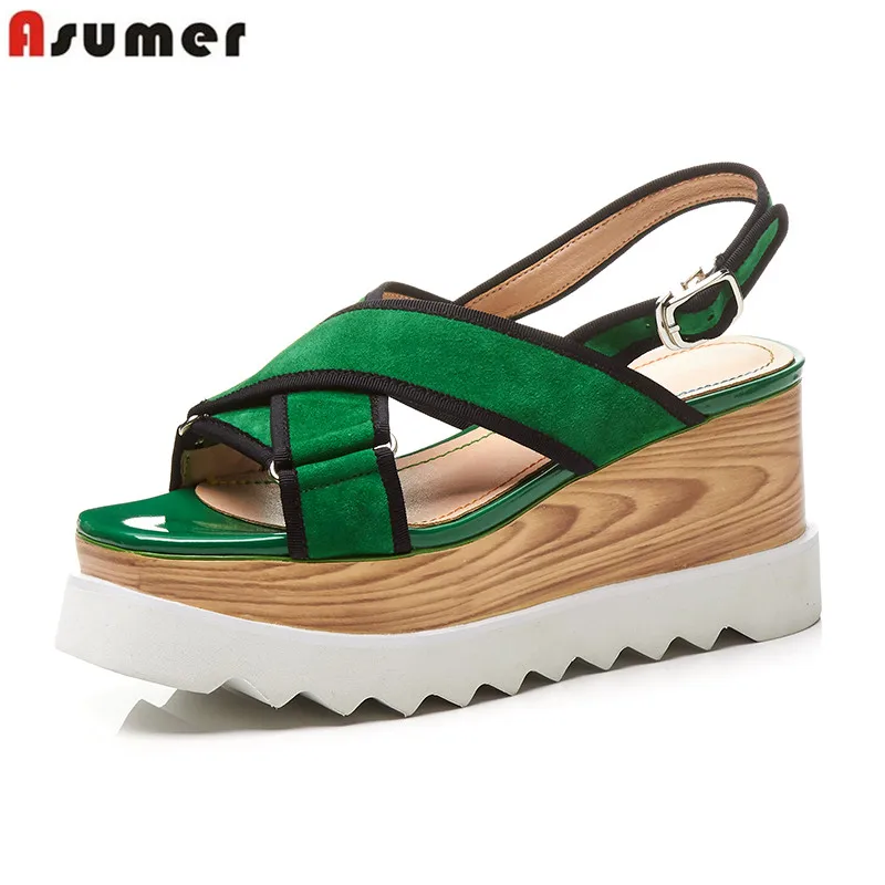 

ASUMER 2019 New Wedges sandals sheepskin suede leather summer platform sandals women wedge high heels casual shoes female