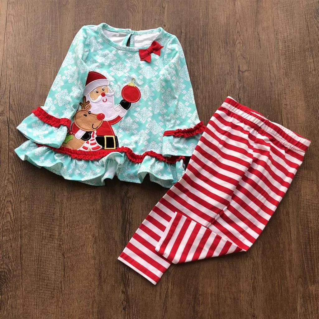 Рождественский комплект одежды для маленьких девочек Рубашка с длинными рукавами с изображением Санты Топы штаны в полоску Зимняя одежда для маленьких девочек Рождественские наряды