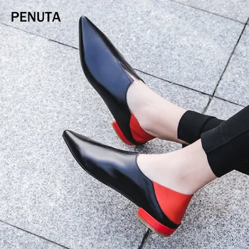 

2019 PENUTA Woman Oxford Shoes British Style Genuine Leather V Neck Flat Shoes Slip On Soft Shoes Fashion Designer PF906