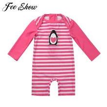 Детский цельный купальный костюм в полоску с длинными рукавами и принтом пингвина для девочек, купальный костюм