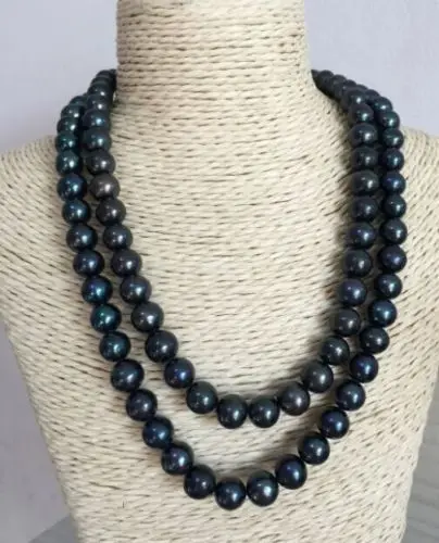 

double strands 9-10mm round Tahitian black green pearl necklace