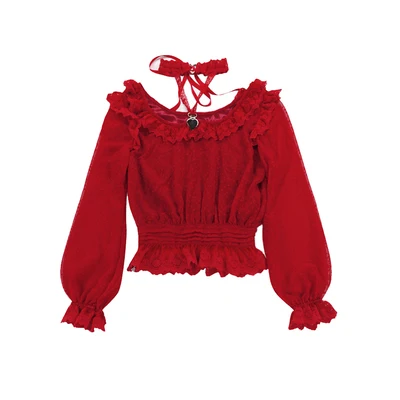 Милая блузка принцессы в стиле «Лолита»; летняя Солнцезащитная Кружевная блуза на пуговицах с круглым вырезом; кружевная шифоновая блузка с длинными рукавами; T1734 - Цвет: Красный
