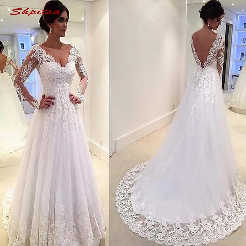 

Long Sleeve Lace Wedding Dresses A Line Tulle Plus Size Bride Bridal Weding Weeding Dresses Wedding Gowns 2019