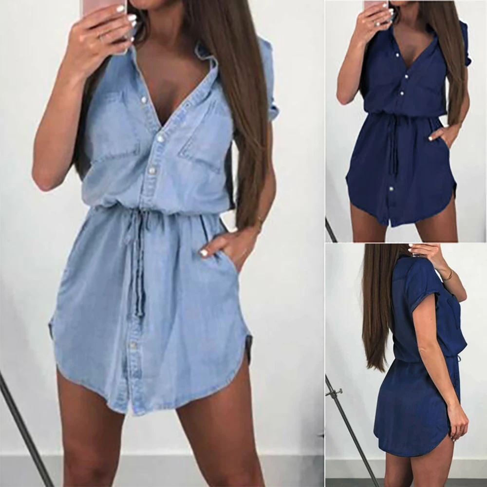 

2019 New Women Faux Denim dress High Waist Lace Up Cowboy Dress Summer Ladies OL Style Loose Shirt Dress Casual Faux Jeans Dress