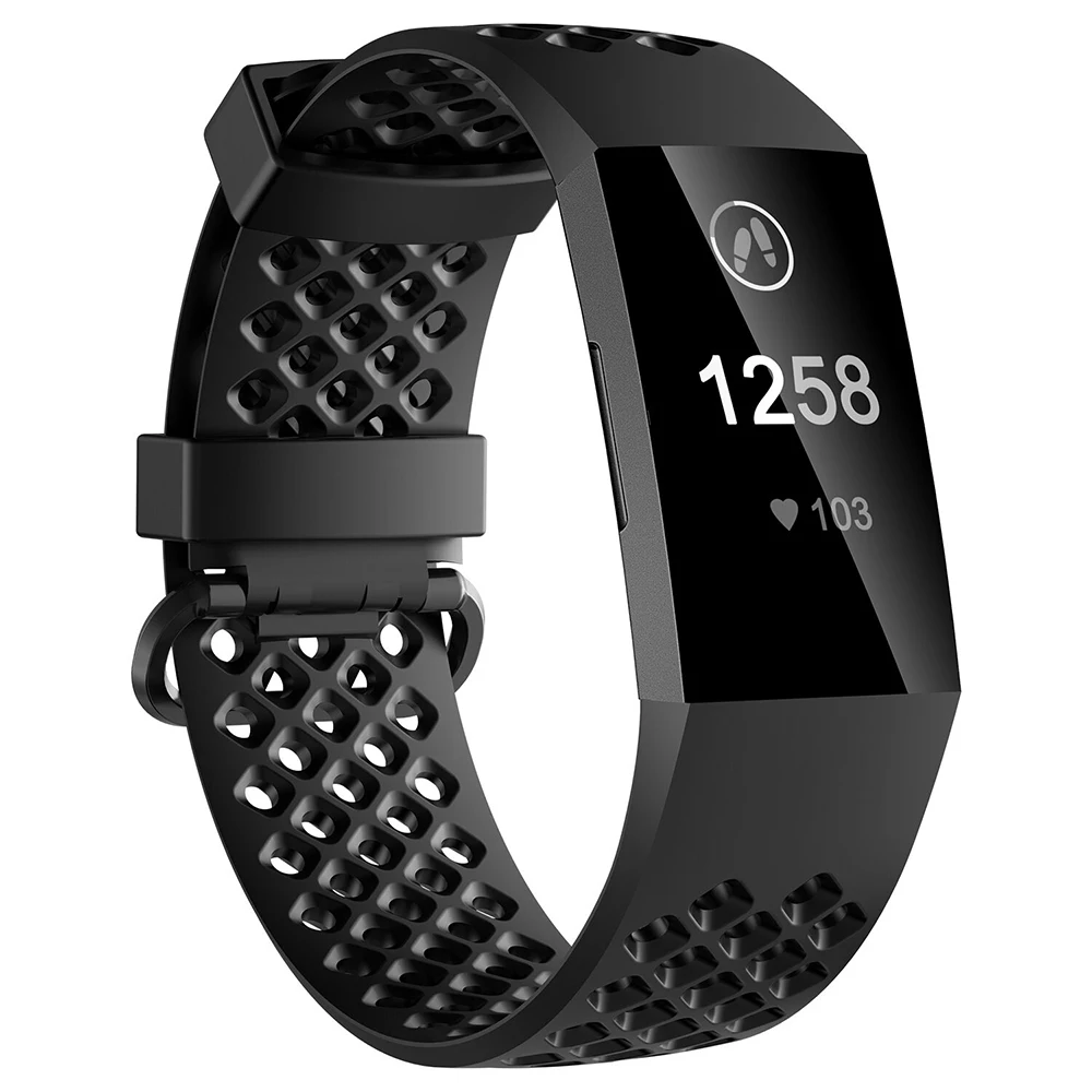 Honecumi Black Band Replacement For Fitbit Charge 3 Breathable Holes Design TPU Bracelet Wrist Strap For Fitbit Charge 3 Watch (2)
