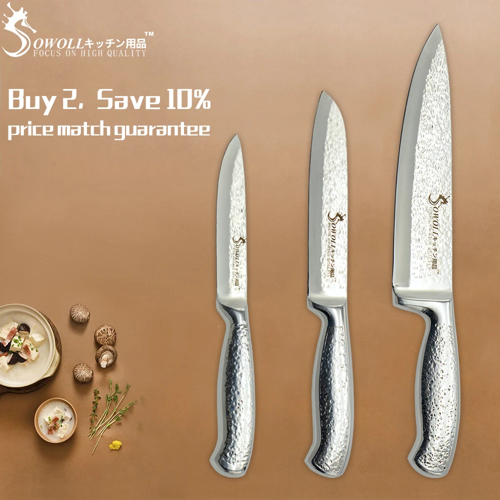 SOWOLL 3pcs Kitchen Knife Set 5&quot Steak 5.5&quot Santoku 8&quot Chef New Stainless Steel Hammer Veins Pattern Cooking Tools | Дом и сад
