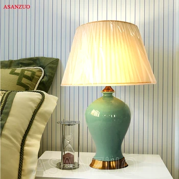 

Pastoral Chinese Ceramic Fabric Led E27 Table Lamp For Bedroom Study Living Room European retro Light fixture